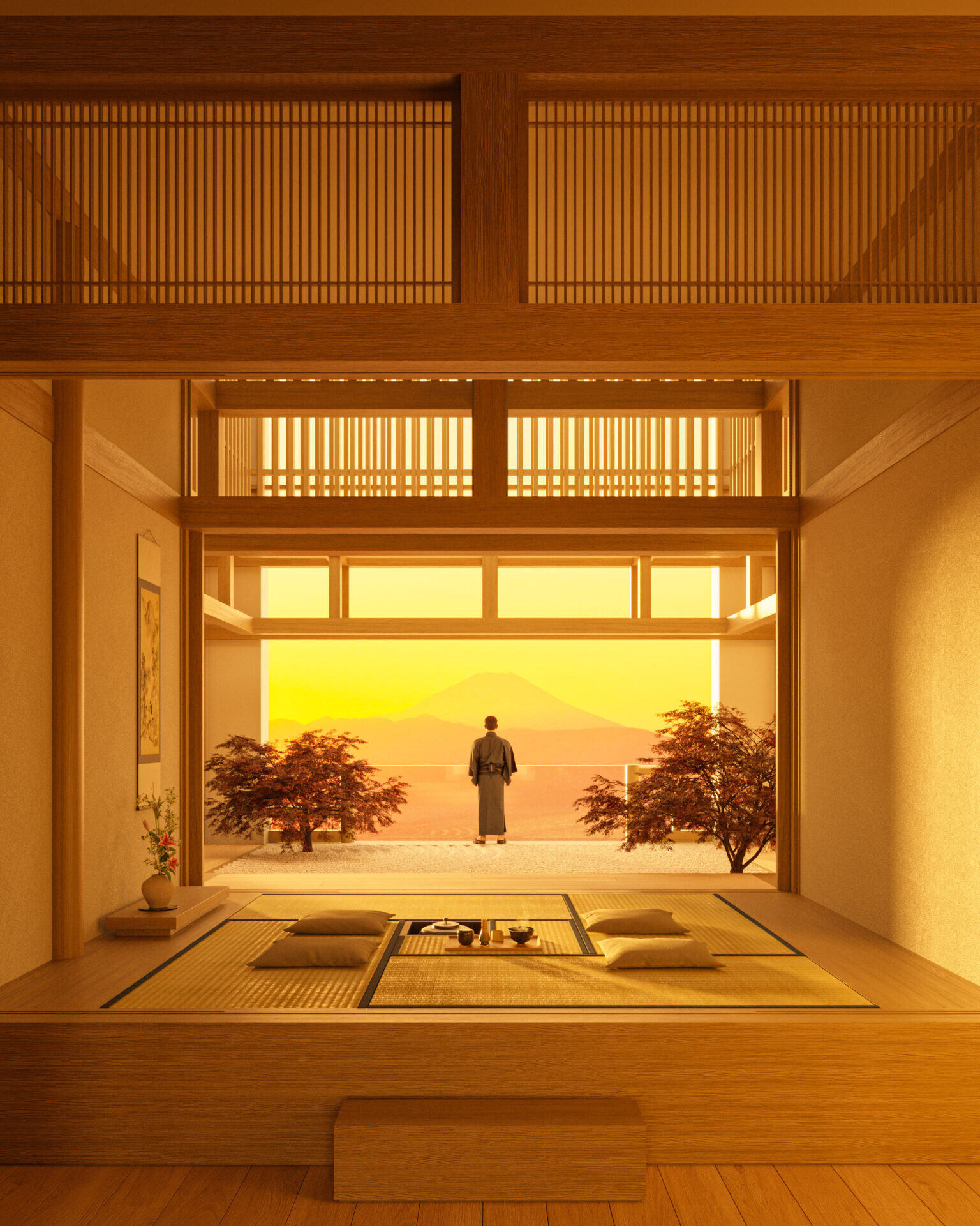 Japanese tatami tea room interior 3D render in a luxury penthouse in Roppongi, Tokyo – architectural visualization