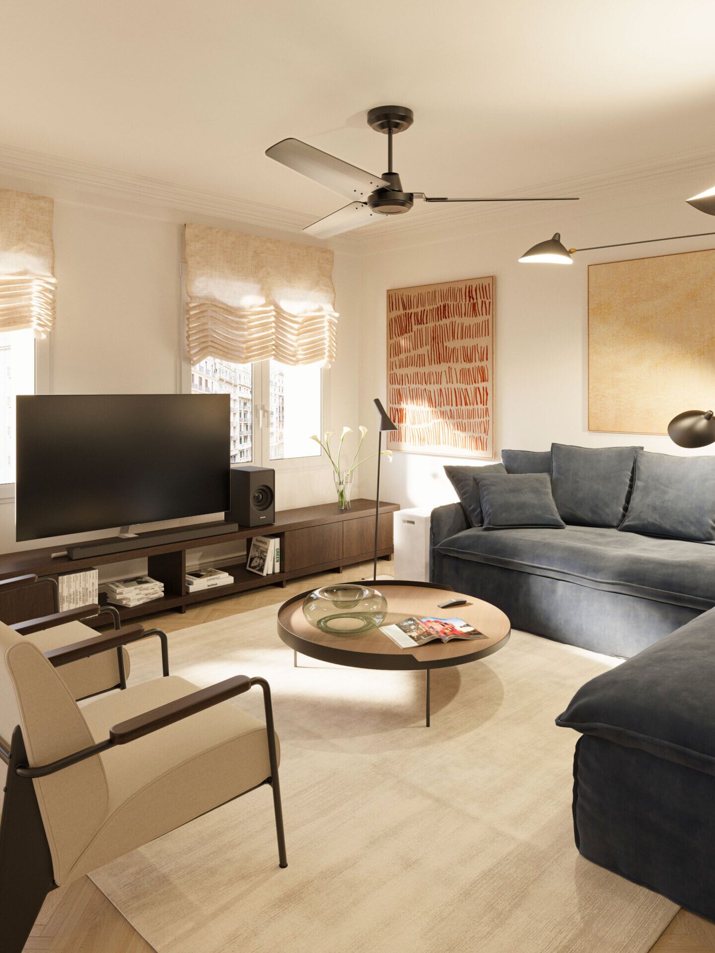 Family living room interior 3D render of a luxury apartment in Barcelona – architectural visualization