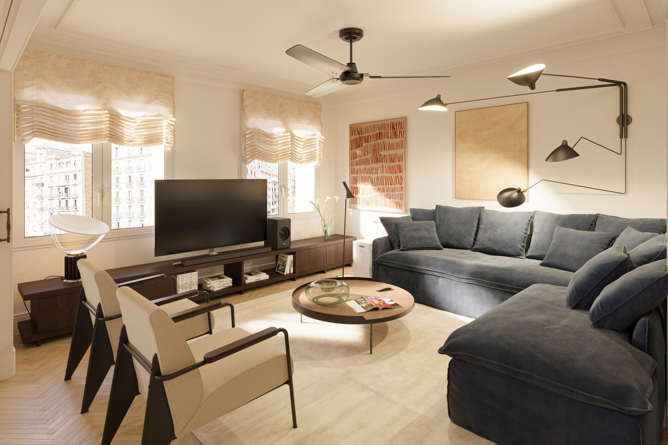 Family living room interior 3D render of a luxury apartment in Barcelona – architectural visualization