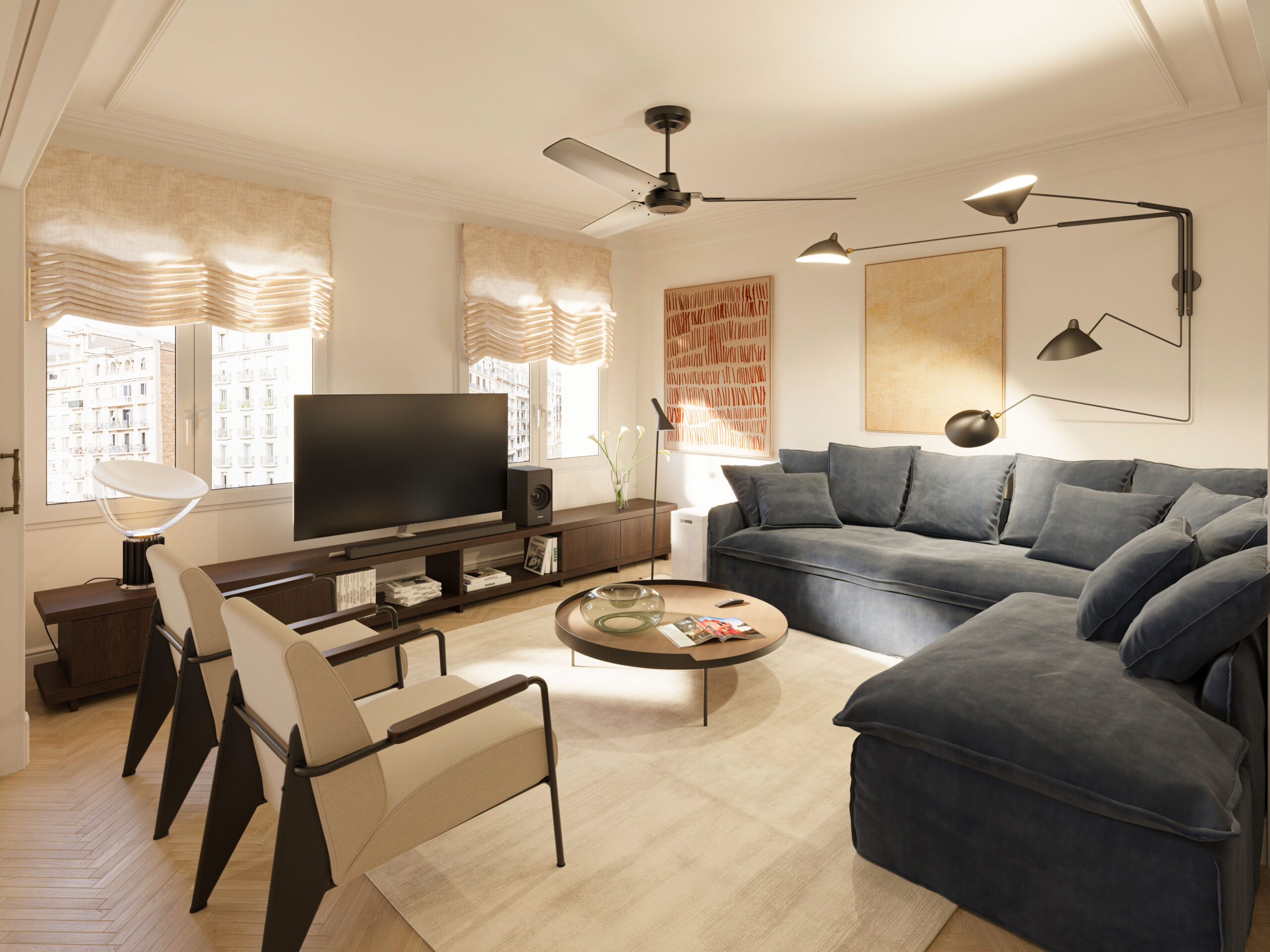 Family living room interior 3D render of a luxury apartment in Barcelona – architectural visualization