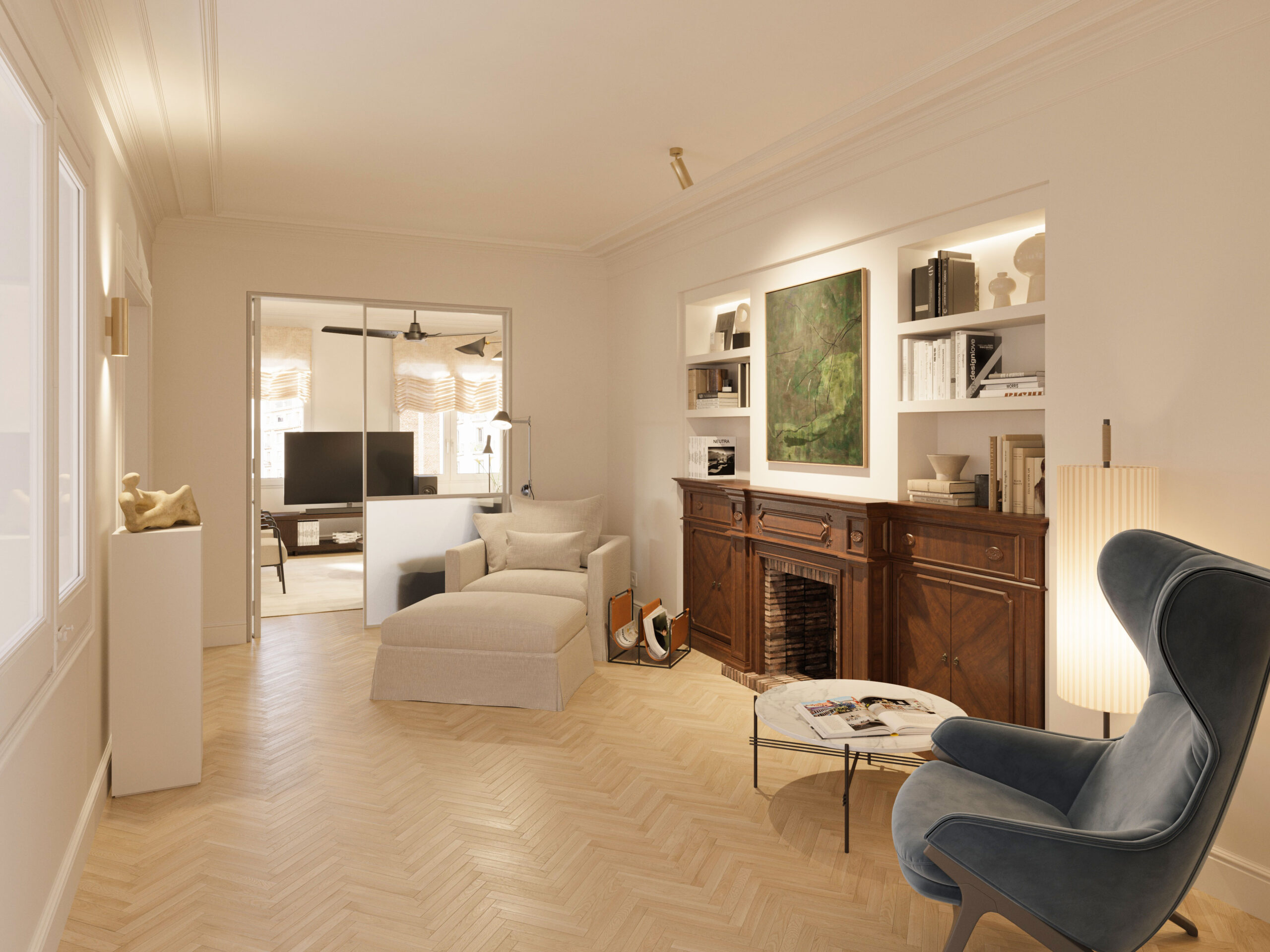 Library and reading area interior 3D render of a luxury apartment in Barcelona – architectural visualization