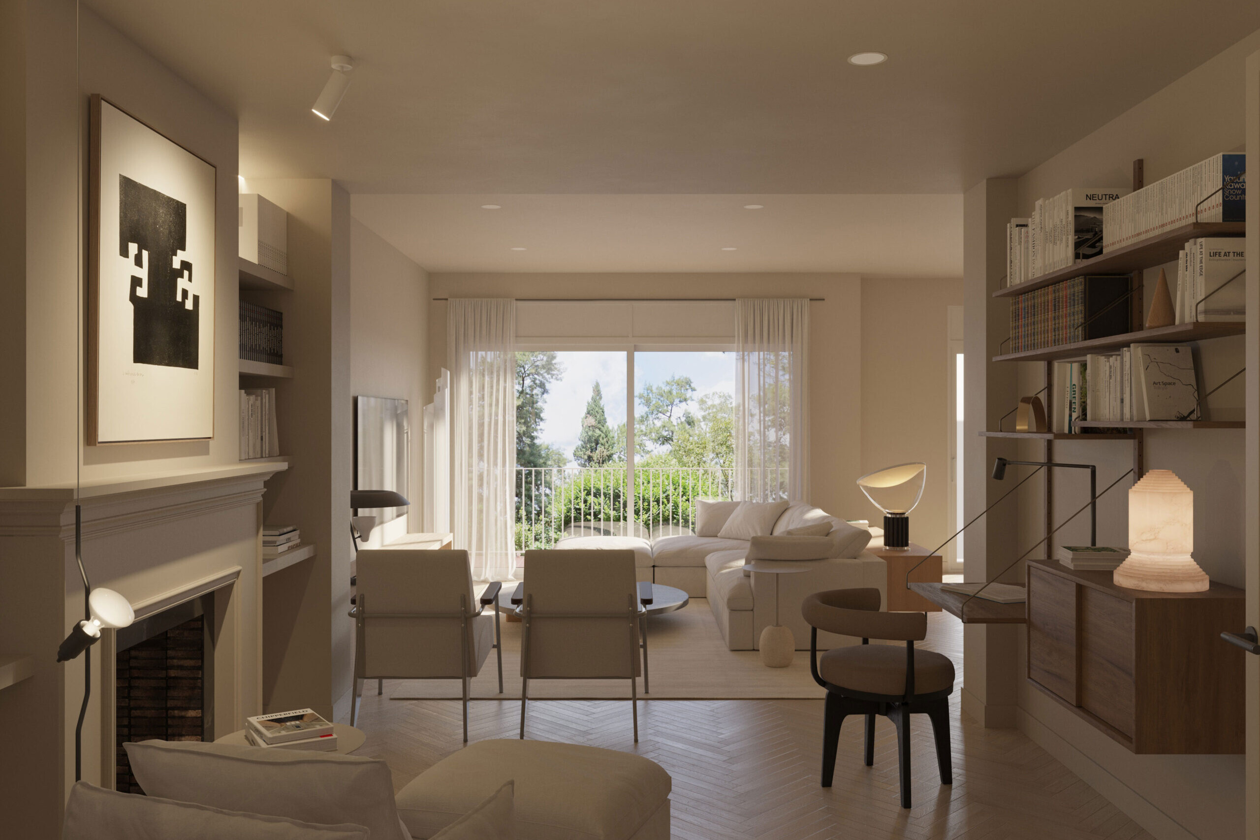 Living room interior 3D render of a luxury apartment in Barcelona – architectural visualization