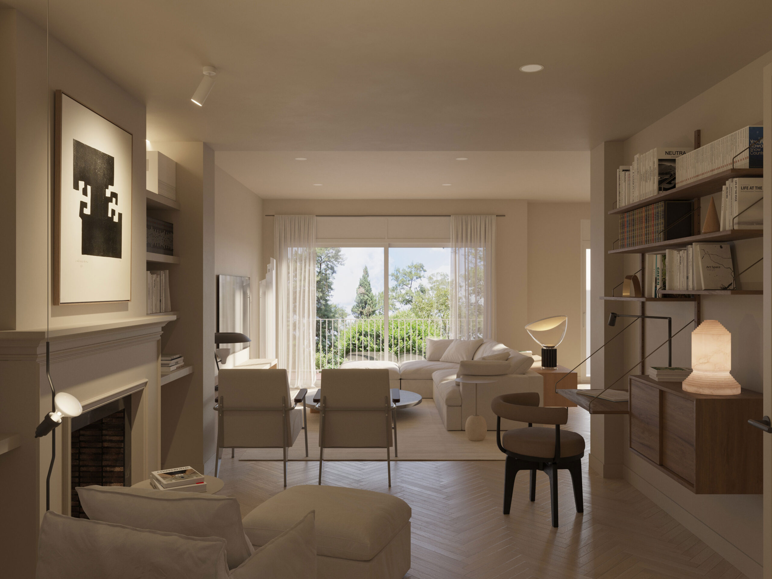 Living room interior 3D render of a luxury apartment in Barcelona – architectural visualization