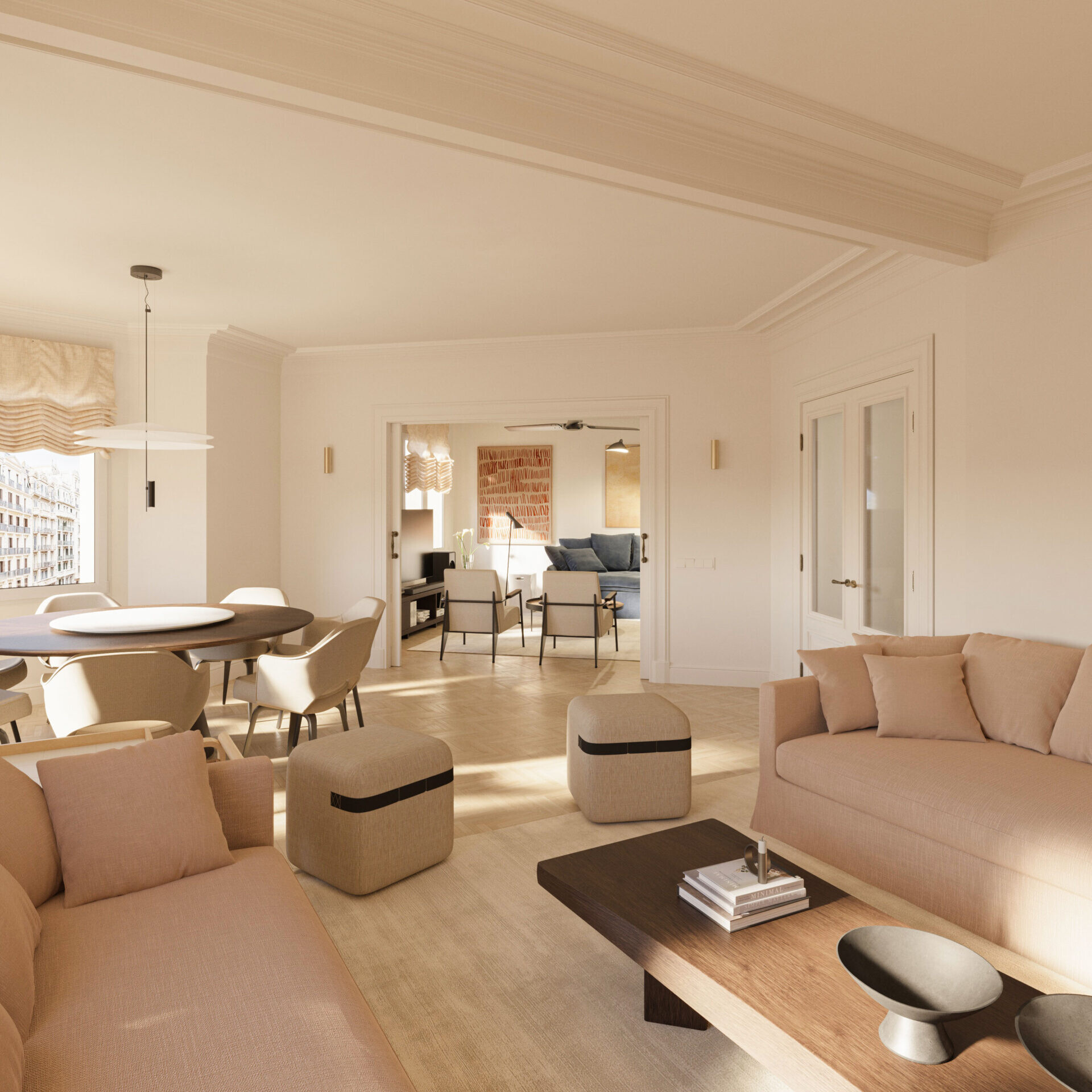 Open living room interior with visual connection between spaces, 3D render of a luxury apartment in Barcelona – architectural visualization