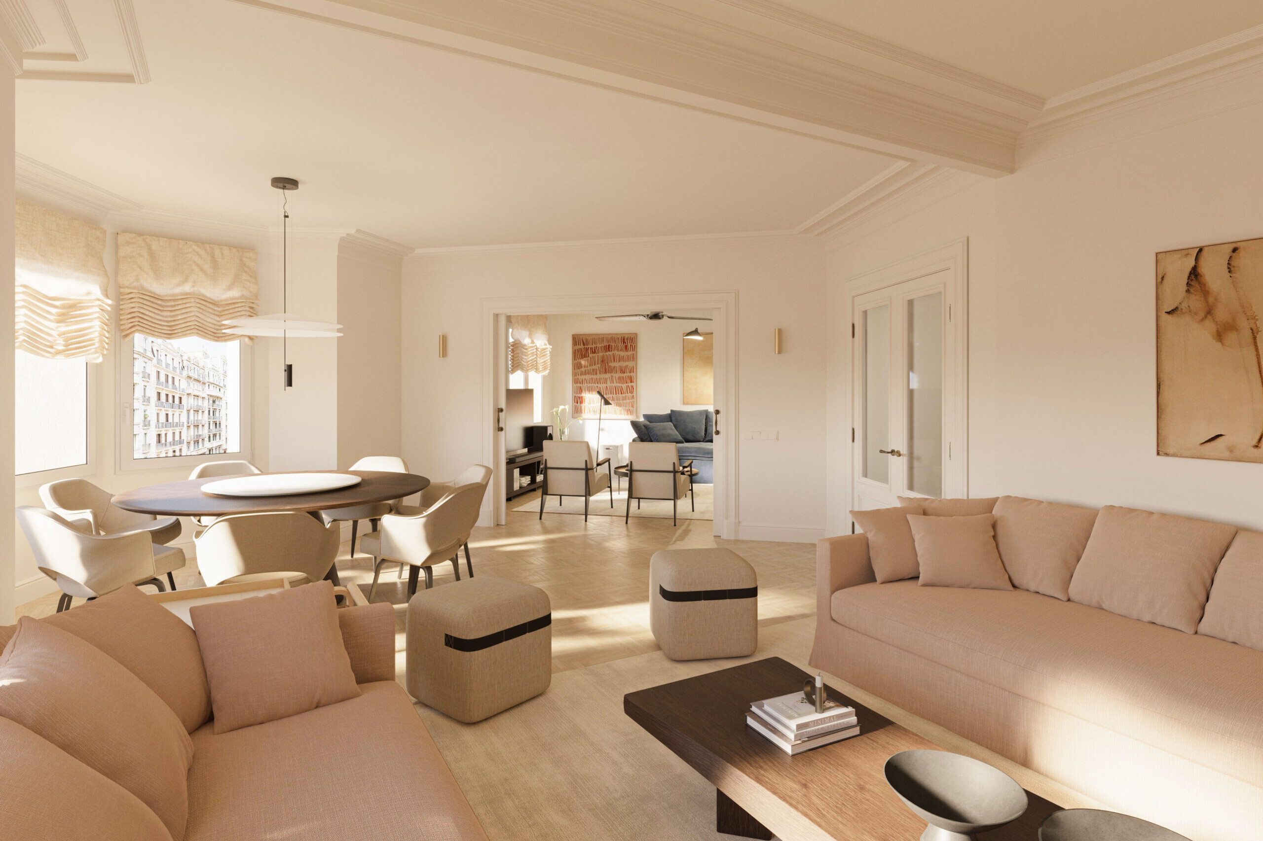 Open living room interior with visual connection between spaces, 3D render of a luxury apartment in Barcelona – architectural visualization