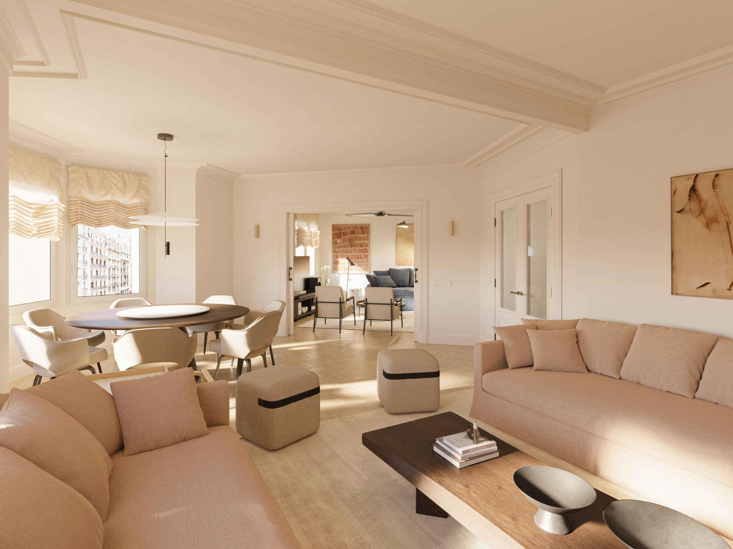Open living room interior with visual connection between spaces, 3D render of a luxury apartment in Barcelona – architectural visualization