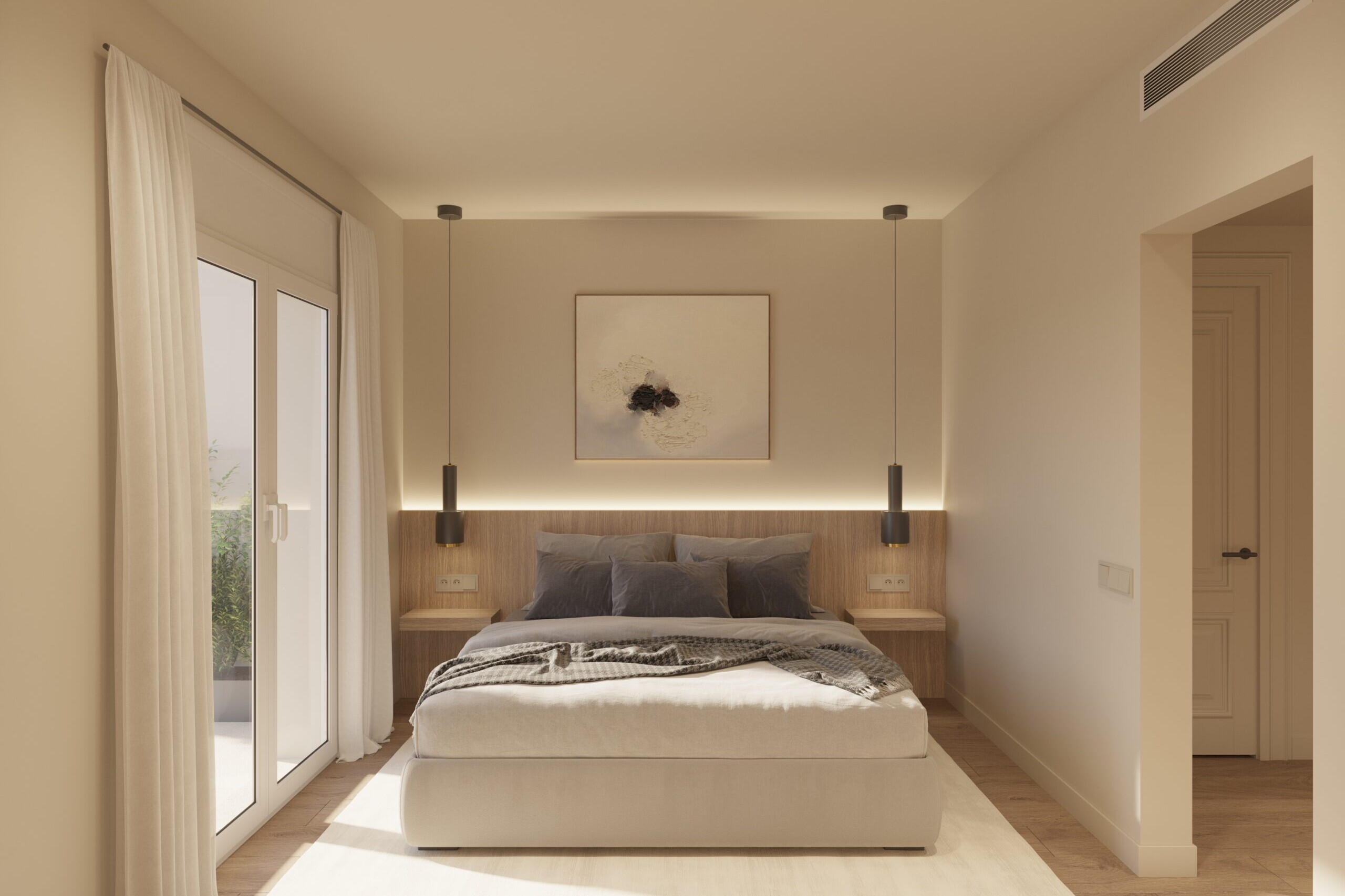 Master bedroom interior 3D render of a luxury apartment in Barcelona – architectural visualization