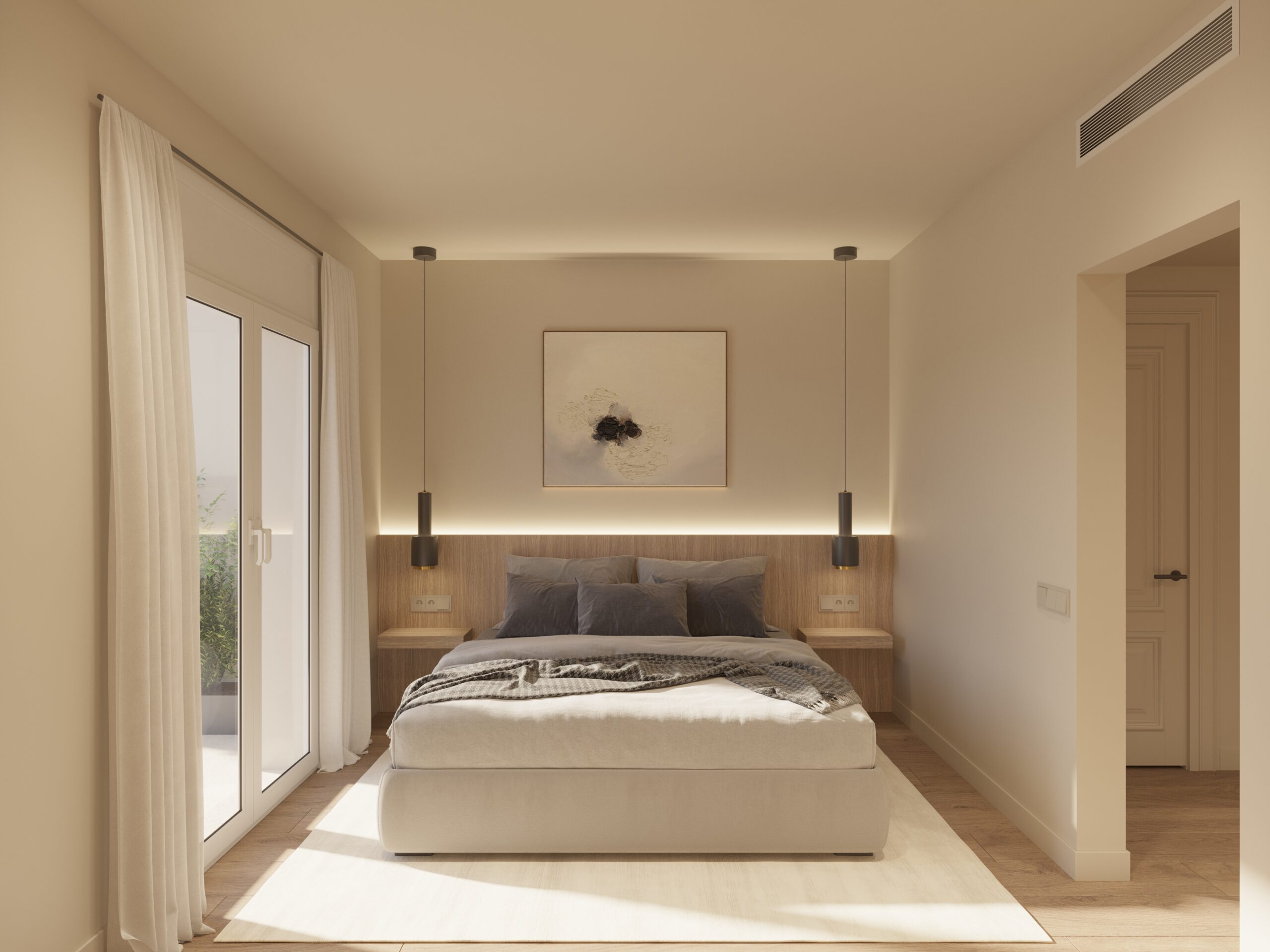 Master bedroom interior 3D render of a luxury apartment in Barcelona – architectural visualization