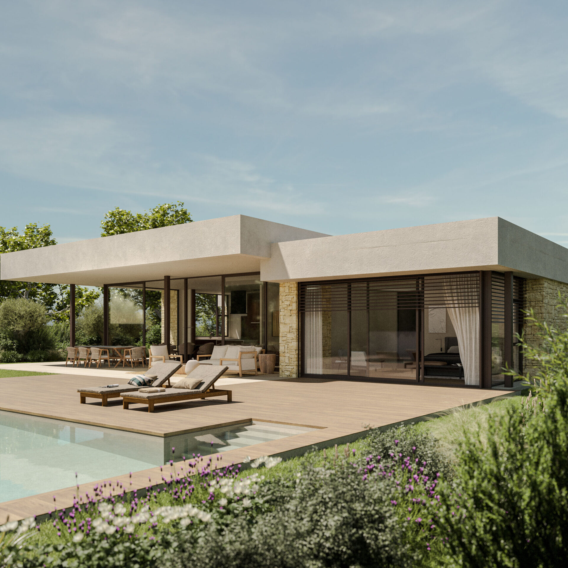 Swimming pool exterior 3D render of a luxury house in Sant Cugat – architectural visualization