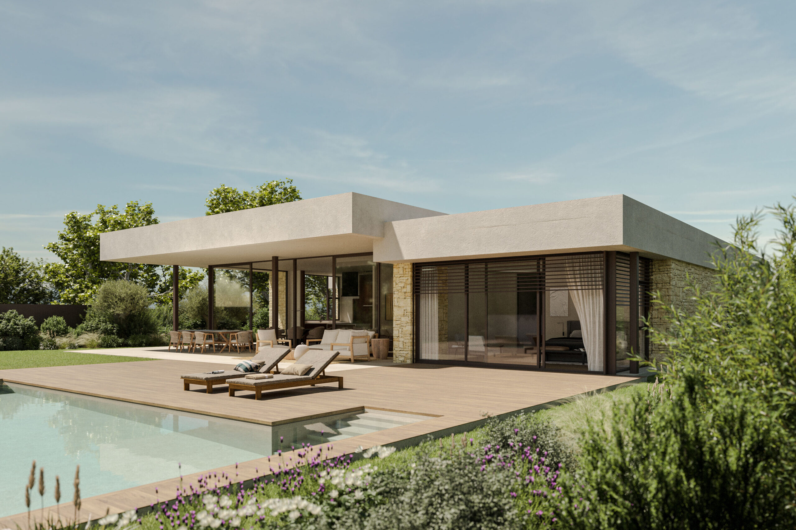 Swimming pool exterior 3D render of a luxury house in Sant Cugat – architectural visualization
