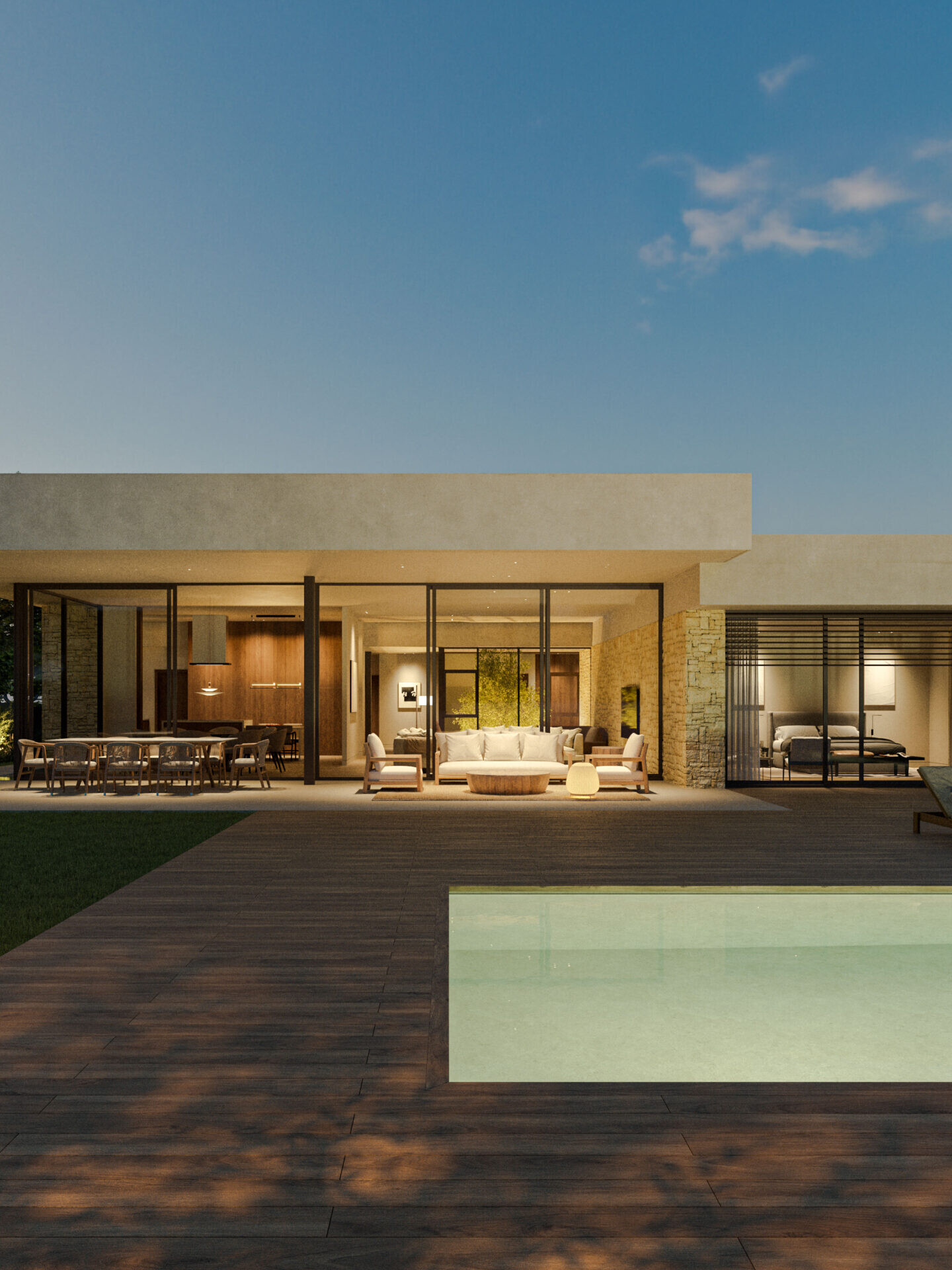 Blue hour exterior 3D render of a luxury villa in Sant Cugat – architectural visualization
