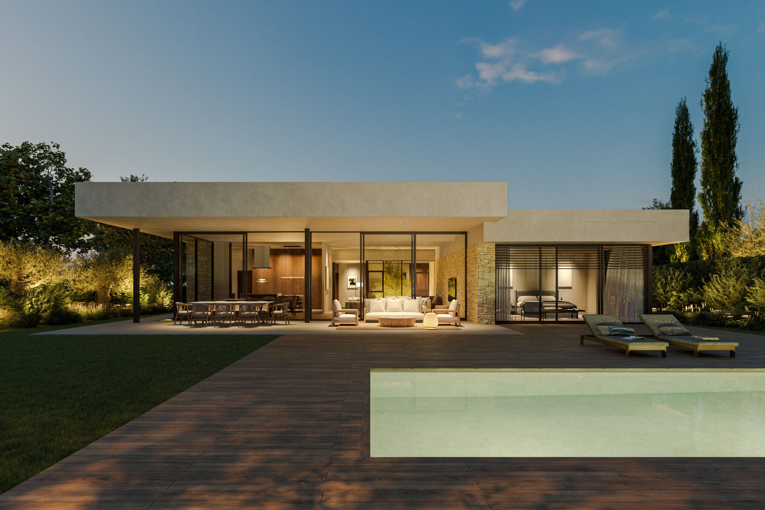 Blue hour exterior 3D render of a luxury villa in Sant Cugat – architectural visualization