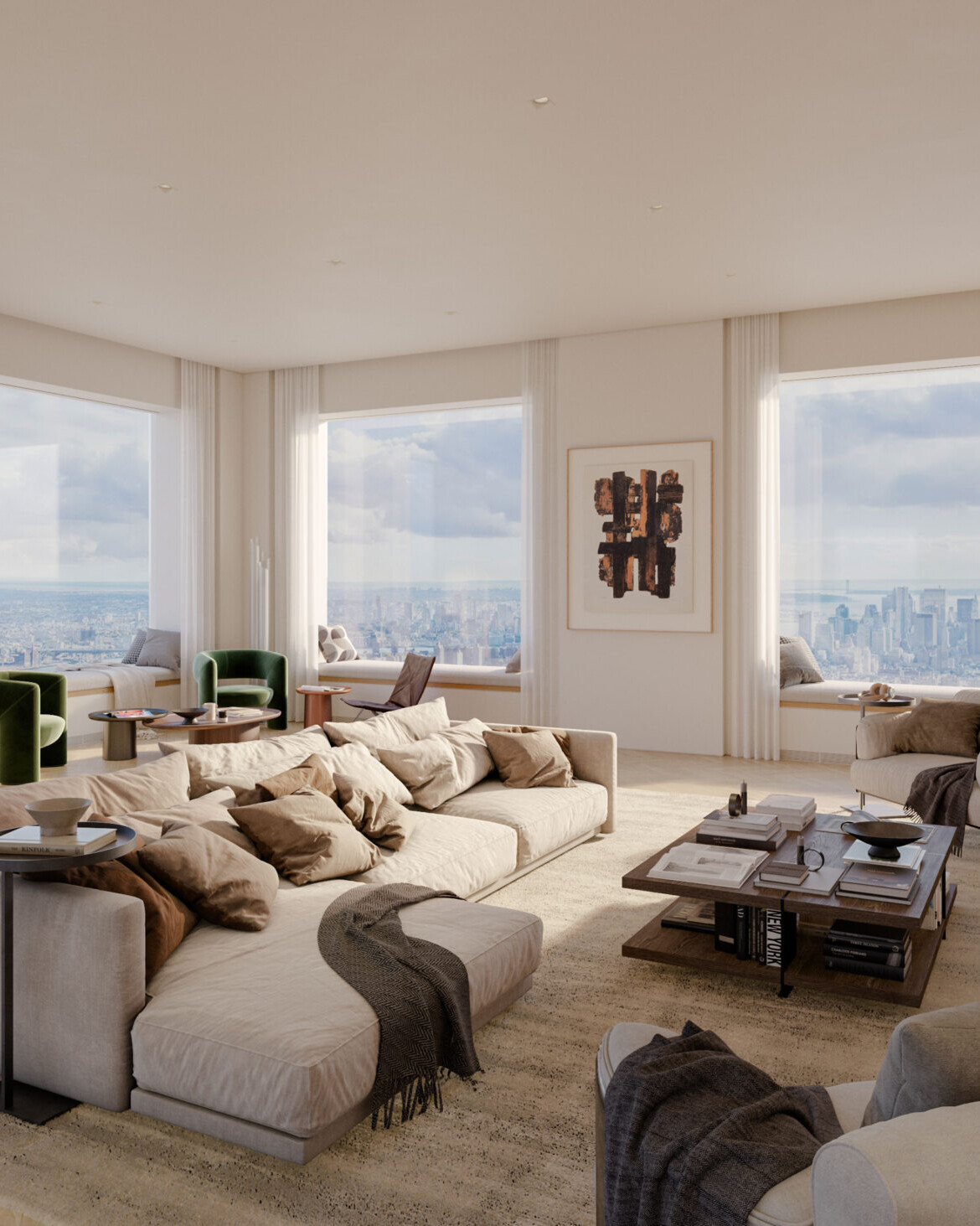 Luxury penthouse living room at 432 Park Avenue, New York City – architectural visualization