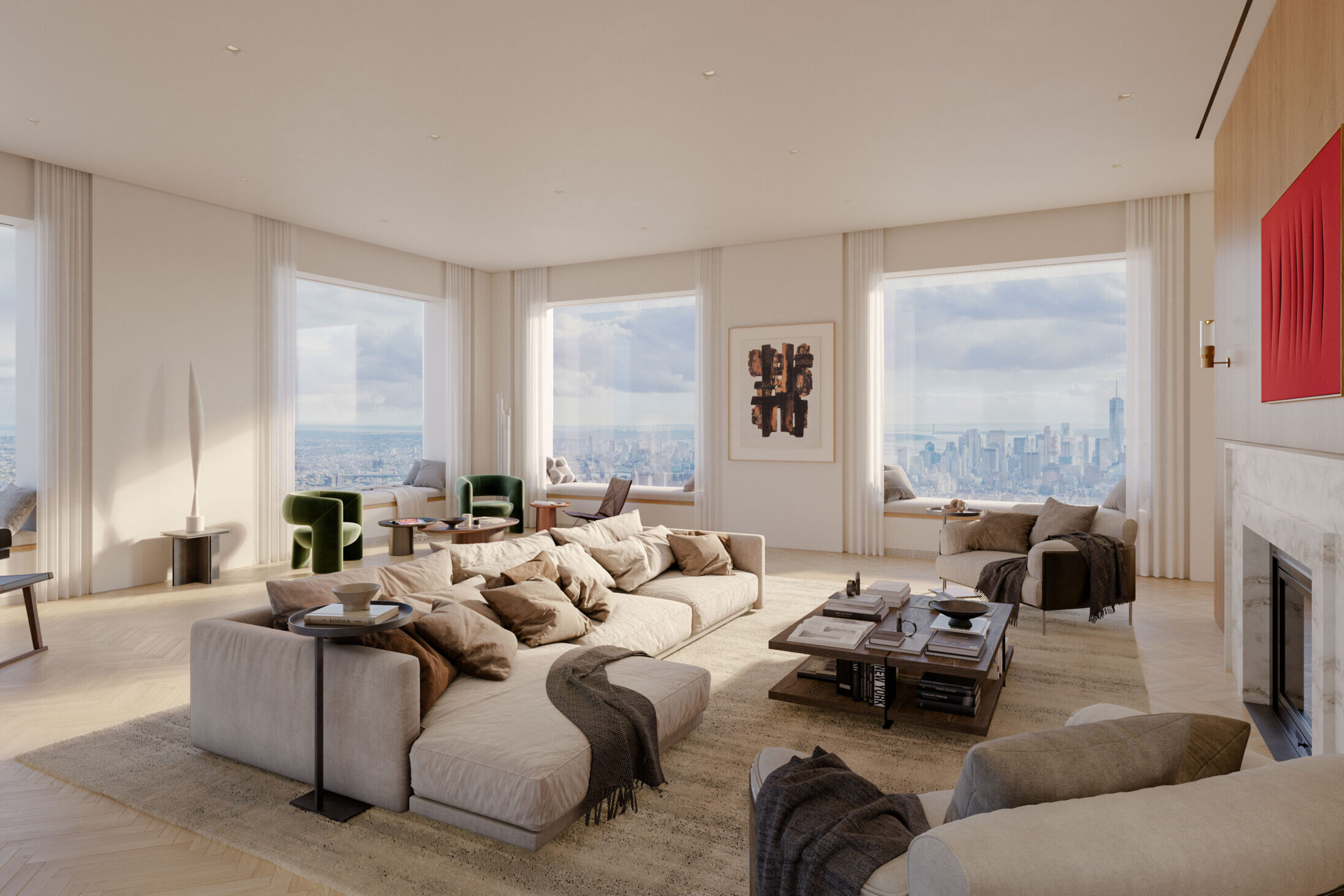 Luxury penthouse living room at 432 Park Avenue, New York City – architectural visualization